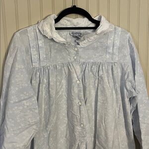 Lanz of Salzburg Cotton Flannel Nightgown Eyelet Trim Blue Floral Vintage M